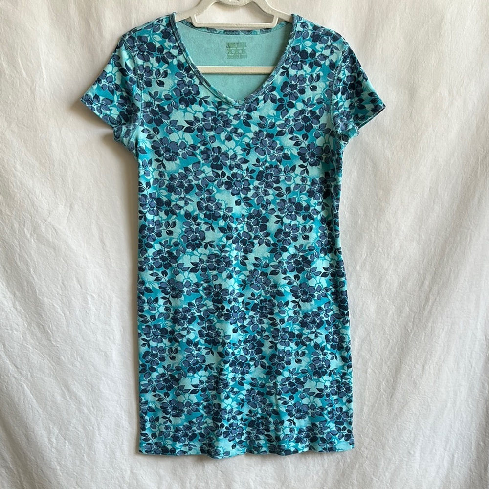 Turquoise and blue floral print cotton T-shirt dress, size M